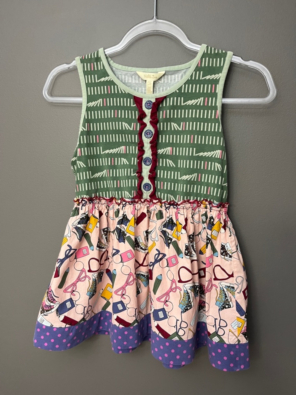 Matilda Jane Green Dress with Pink Accents and Blue Button - Size 14